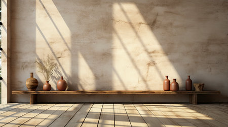 Sunlit room with arched window, showcasing nature view, wooden bench, potted plant, and rustic vasesの素材