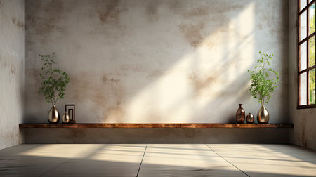 Sunlit room with arched window, showcasing nature view, wooden bench, potted plant, and rustic vasesの素材