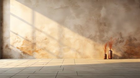 Sunlit room with arched window, showcasing nature view, wooden bench, potted plant, and rustic vasesの素材