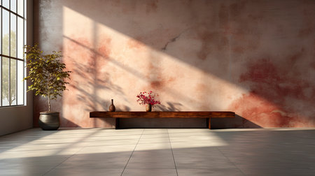 Sunlit room with arched window, showcasing nature view, wooden bench, potted plant, and rustic vasesの素材