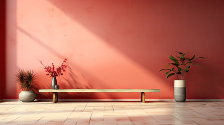 Sunlit room with arched window, showcasing nature view, wooden bench, potted plant, and rustic vasesの素材