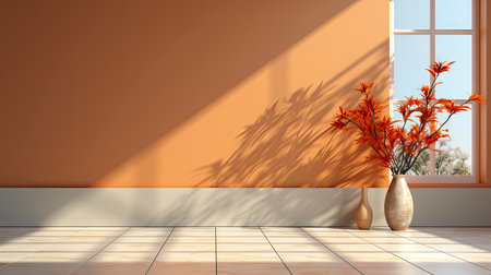 Sunlit room with arched window, showcasing nature view, wooden bench, potted plant, and rustic vasesの素材