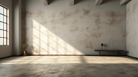 Sunlit room with arched window, showcasing nature view, wooden bench, potted plant, and rustic vasesの素材