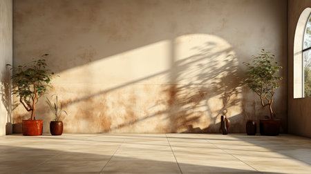 Sunlit room with arched window, showcasing nature view, wooden bench, potted plant, and rustic vasesの素材