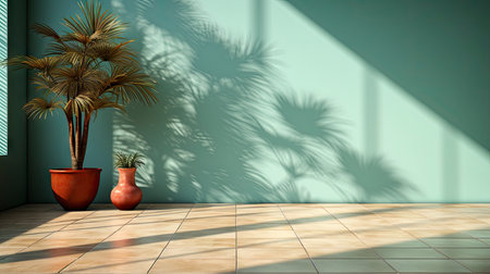 Sunlit room with arched window, showcasing nature view, wooden bench, potted plant, and rustic vasesの素材