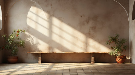 Sunlit room with arched window, showcasing nature view, wooden bench, potted plant, and rustic vasesの素材