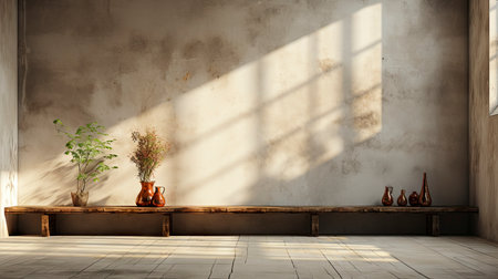 Sunlit room with arched window, showcasing nature view, wooden bench, potted plant, and rustic vasesの素材