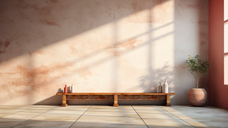 Sunlit room with arched window, showcasing nature view, wooden bench, potted plant, and rustic vasesの素材