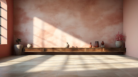 Sunlit room with arched window, showcasing nature view, wooden bench, potted plant, and rustic vasesの素材