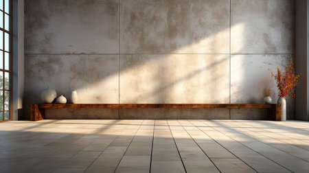 Sunlit room with arched window, showcasing nature view, wooden bench, potted plant, and rustic vasesの素材