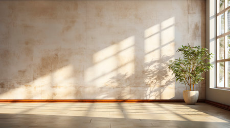 Sunlit room with arched window, showcasing nature view, wooden bench, potted plant, and rustic vasesの素材