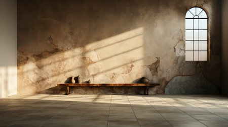 Sunlit room with arched window, showcasing nature view, wooden bench, potted plant, and rustic vasesの素材