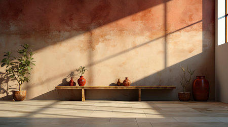 Sunlit room with arched window, showcasing nature view, wooden bench, potted plant, and rustic vasesの素材