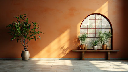 Sunlit room with arched window, showcasing nature view, wooden bench, potted plant, and rustic vasesの素材