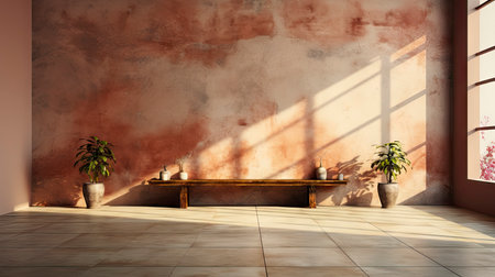 Sunlit room with arched window, showcasing nature view, wooden bench, potted plant, and rustic vasesの素材