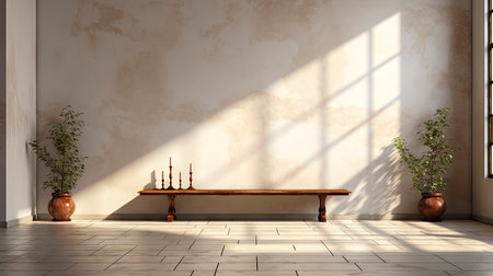 Sunlit room with arched window, showcasing nature view, wooden bench, potted plant, and rustic vasesの素材