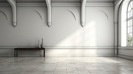 Sunlit room with arched window, showcasing nature view, wooden bench, potted plant, and rustic vasesの素材