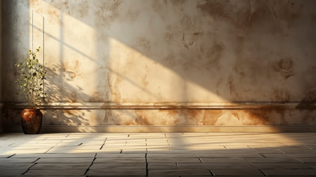 Sunlit room with arched window, showcasing nature view, wooden bench, potted plant, and rustic vasesの素材