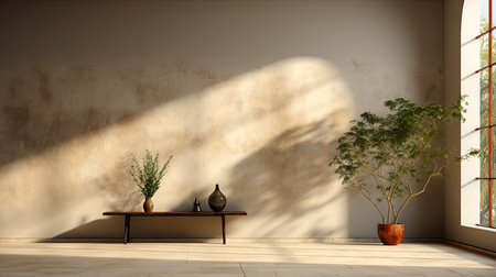 Sunlit room with arched window, showcasing nature view, wooden bench, potted plant, and rustic vasesの素材