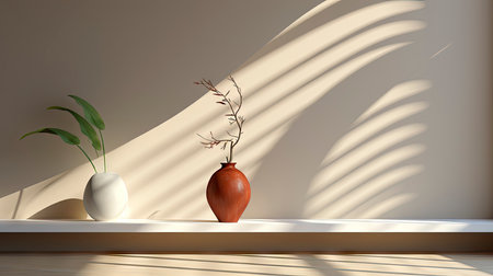 Sunlit room with arched window, showcasing nature view, wooden bench, potted plant, and rustic vasesの素材