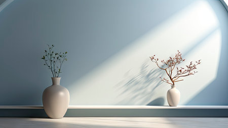 Sunlit room with arched window, showcasing nature view, wooden bench, potted plant, and rustic vasesの素材