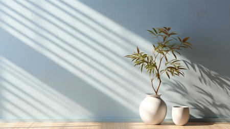 Sunlit room with arched window, showcasing nature view, wooden bench, potted plant, and rustic vasesの素材