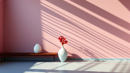 Sunlit room with arched window, showcasing nature view, wooden bench, potted plant, and rustic vasesの素材