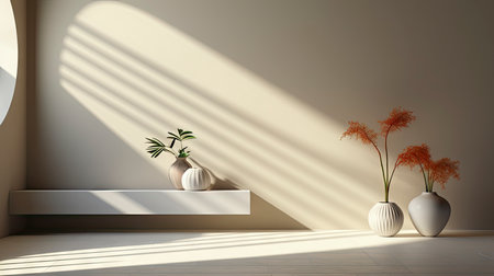 Minimalist decor with striped shadows, ceramic vase with dried flora, and sleek bowl against teal backdropの素材