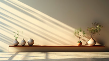 Minimalist decor with striped shadows, ceramic vase with dried flora, and sleek bowl against teal backdropの素材