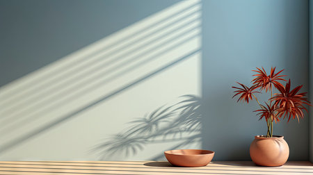 Minimalist decor with striped shadows, ceramic vase with dried flora, and sleek bowl against teal backdropの素材
