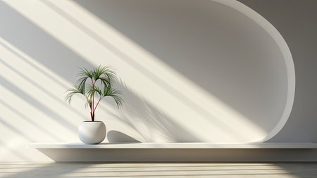 Minimalist decor with striped shadows, ceramic vase with dried flora, and sleek bowl against teal backdropの素材