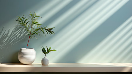Minimalist decor with striped shadows, ceramic vase with dried flora, and sleek bowl against teal backdropの素材