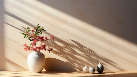 Minimalist decor with striped shadows, ceramic vase with dried flora, and sleek bowl against teal backdropの素材