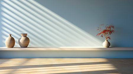 Minimalist decor with striped shadows, ceramic vase with dried flora, and sleek bowl against teal backdropの素材