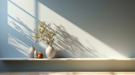 Minimalist decor with striped shadows, ceramic vase with dried flora, and sleek bowl against teal backdropの素材