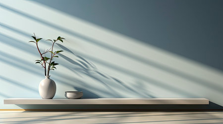 Minimalist decor with striped shadows, ceramic vase with dried flora, and sleek bowl against teal backdropの素材