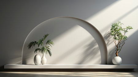 Minimalist decor with striped shadows, ceramic vase with dried flora, and sleek bowl against teal backdropの素材