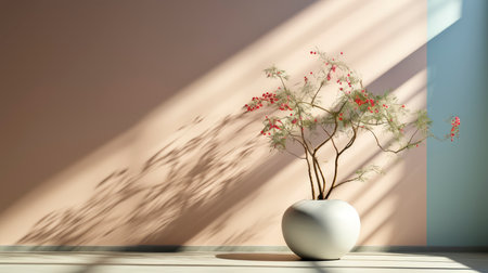 Minimalist decor with striped shadows, ceramic vase with dried flora, and sleek bowl against teal backdropの素材