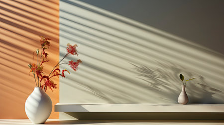 Minimalist decor with striped shadows, ceramic vase with dried flora, and sleek bowl against teal backdropの素材