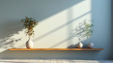 Minimalist decor with striped shadows, ceramic vase with dried flora, and sleek bowl against teal backdropの素材