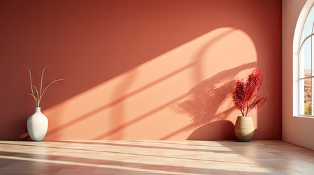 Minimalist decor with striped shadows, ceramic vase with dried flora, and sleek bowl against teal backdropの素材