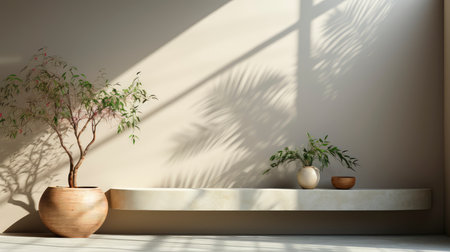 Minimalist decor with striped shadows, ceramic vase with dried flora, and sleek bowl against teal backdropの素材
