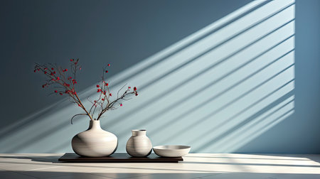 Minimalist decor with striped shadows, ceramic vase with dried flora, and sleek bowl against teal backdropの素材