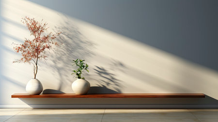 Minimalist decor with striped shadows, ceramic vase with dried flora, and sleek bowl against teal backdropの素材