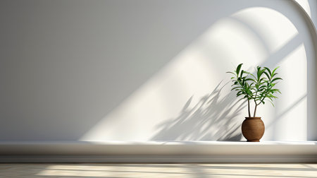 Minimalist decor with striped shadows, ceramic vase with dried flora, and sleek bowl against teal backdropの素材