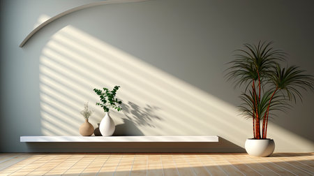 Minimalist decor with striped shadows, ceramic vase with dried flora, and sleek bowl against teal backdropの素材