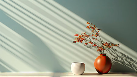 Minimalist decor with striped shadows, ceramic vase with dried flora, and sleek bowl against teal backdropの素材