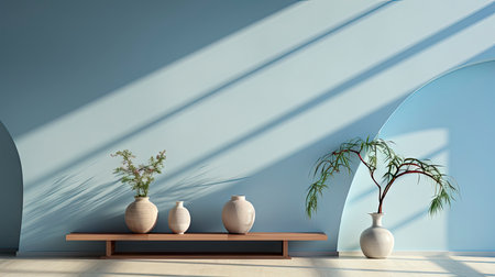 Minimalist decor with striped shadows, ceramic vase with dried flora, and sleek bowl against teal backdropの素材