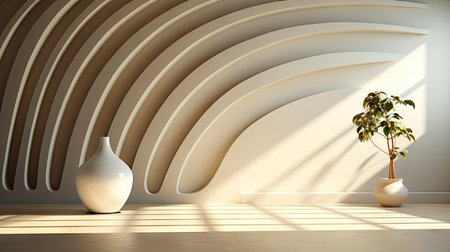 Minimalist decor with striped shadows, ceramic vase with dried flora, and sleek bowl against teal backdropの素材