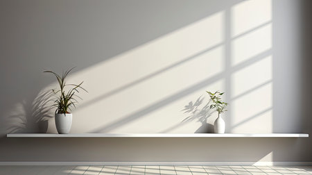 Minimalist decor with striped shadows, ceramic vase with dried flora, and sleek bowl against teal backdropの素材